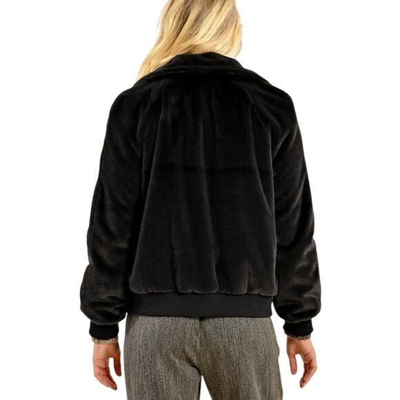 Molly Bracken Dark Navy Soft Faux Fur Wide Collar Zipper Bomber Jacket w Pockets - Picture 2 of 13